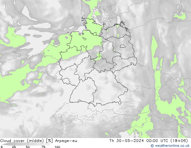 Cloud cover (middle) Arpege-eu Th 30.05.2024 00 UTC