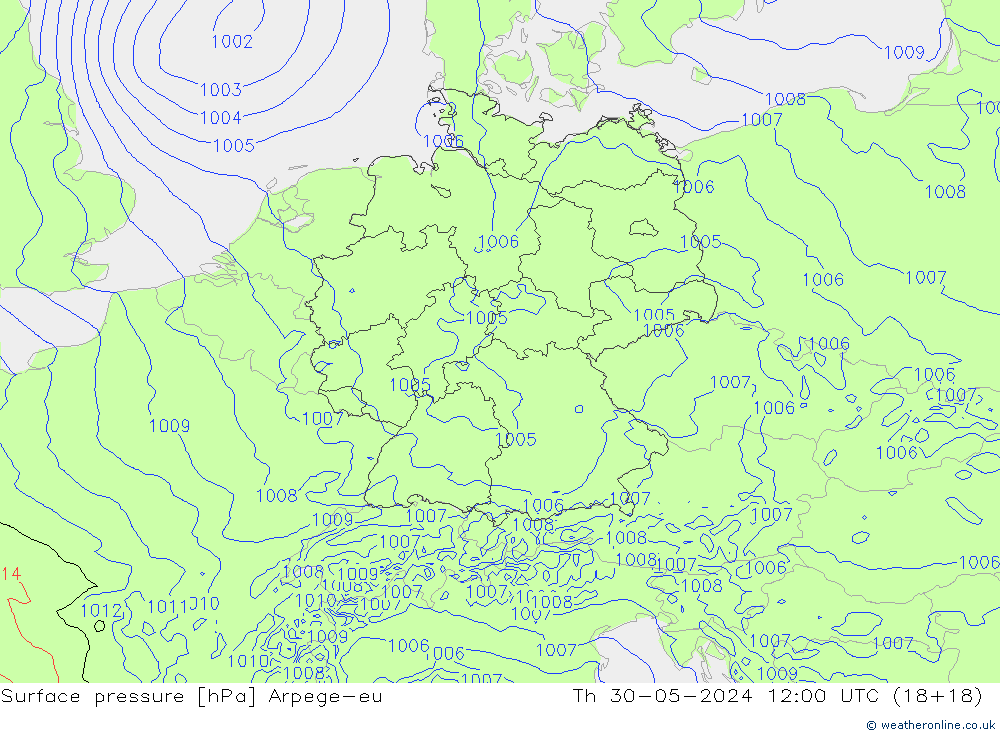 Pressione al suolo Arpege-eu gio 30.05.2024 12 UTC