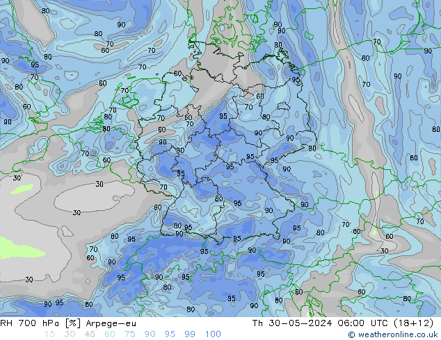 RH 700 hPa Arpege-eu Qui 30.05.2024 06 UTC