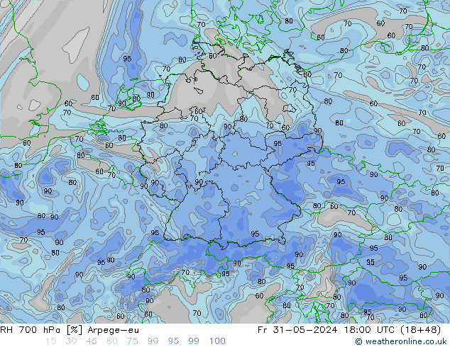 Humidité rel. 700 hPa Arpege-eu ven 31.05.2024 18 UTC