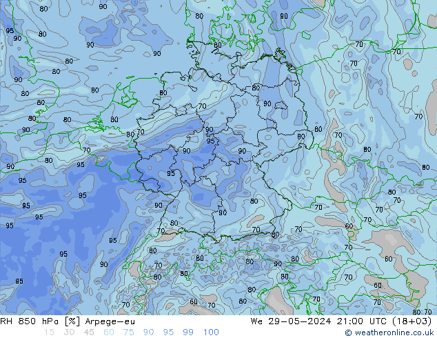 RH 850 hPa Arpege-eu Mi 29.05.2024 21 UTC