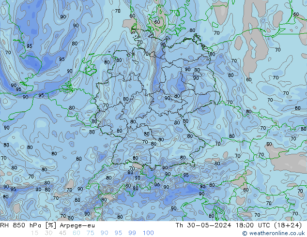 RH 850 hPa Arpege-eu Th 30.05.2024 18 UTC