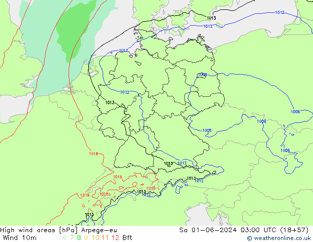 High wind areas Arpege-eu Sáb 01.06.2024 03 UTC