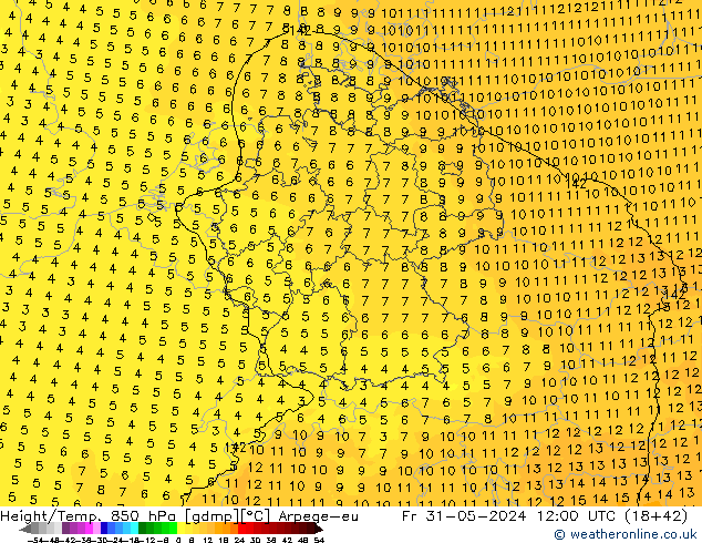 Height/Temp. 850 hPa Arpege-eu Fr 31.05.2024 12 UTC