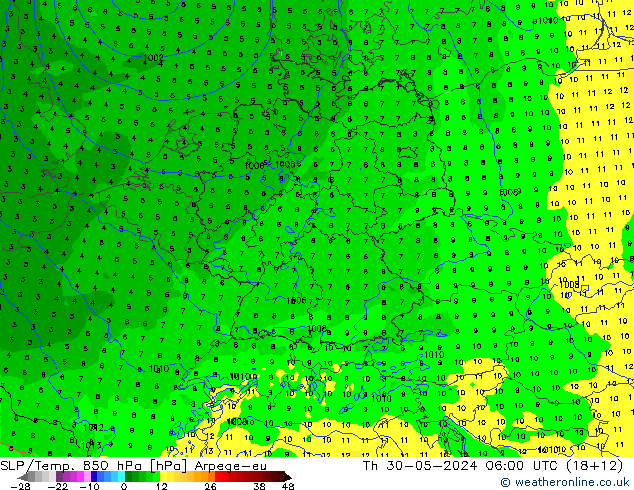 SLP/Temp. 850 гПа Arpege-eu чт 30.05.2024 06 UTC