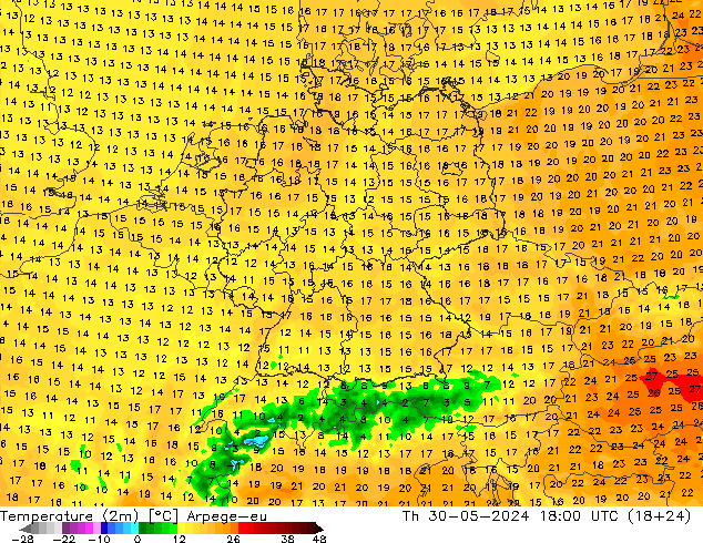 Temperature (2m) Arpege-eu Th 30.05.2024 18 UTC