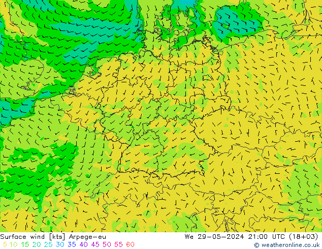 Surface wind Arpege-eu We 29.05.2024 21 UTC