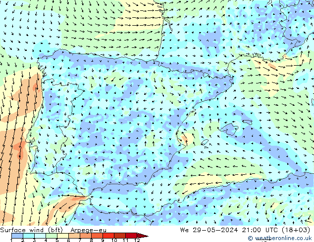Surface wind (bft) Arpege-eu We 29.05.2024 21 UTC