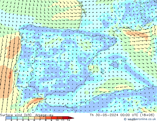 Surface wind (bft) Arpege-eu Th 30.05.2024 00 UTC