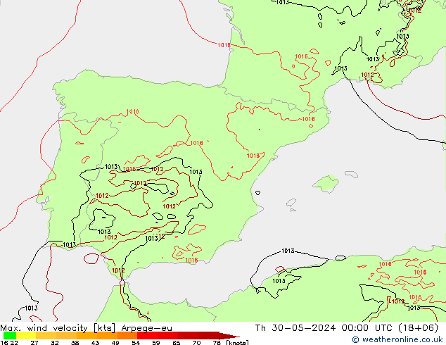 Max. wind velocity Arpege-eu jue 30.05.2024 00 UTC