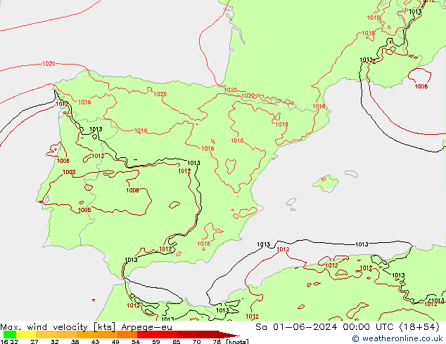 Max. wind velocity Arpege-eu Sa 01.06.2024 00 UTC