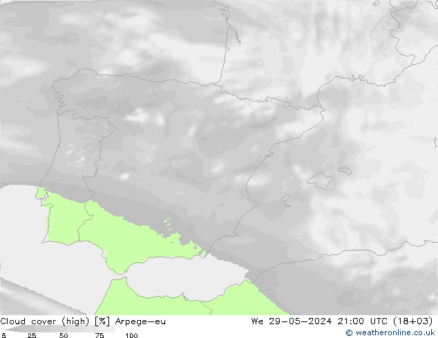 Cloud cover (high) Arpege-eu We 29.05.2024 21 UTC