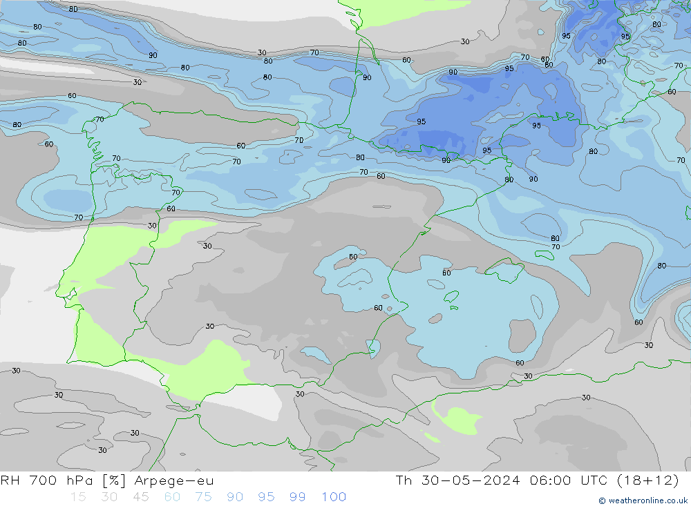 RH 700 hPa Arpege-eu gio 30.05.2024 06 UTC