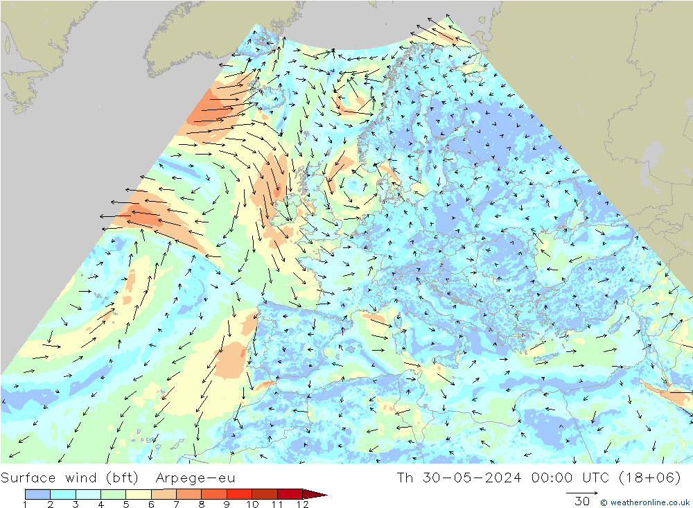 wiatr 10 m (bft) Arpege-eu czw. 30.05.2024 00 UTC