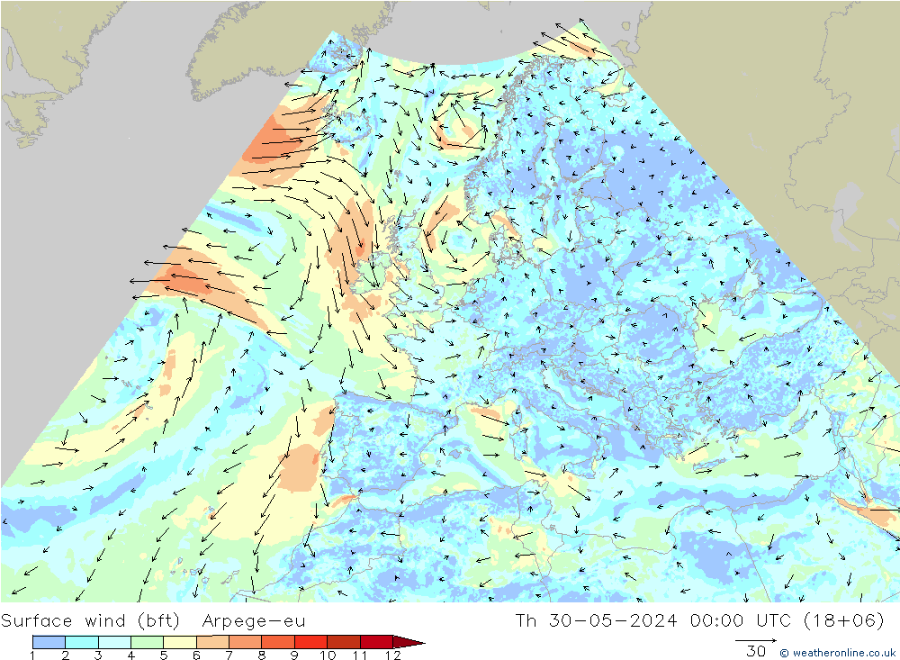 Surface wind (bft) Arpege-eu Th 30.05.2024 00 UTC