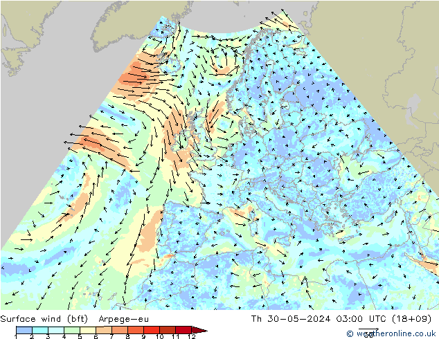 ве�Bе�@ 10 m (bft) Arpege-eu чт 30.05.2024 03 UTC