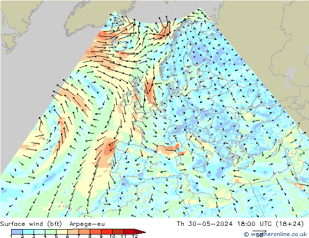 Surface wind (bft) Arpege-eu Th 30.05.2024 18 UTC