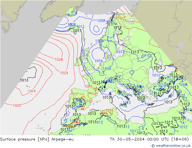 Pressione al suolo Arpege-eu gio 30.05.2024 00 UTC