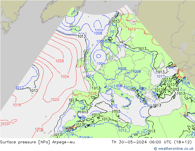 Presión superficial Arpege-eu jue 30.05.2024 06 UTC