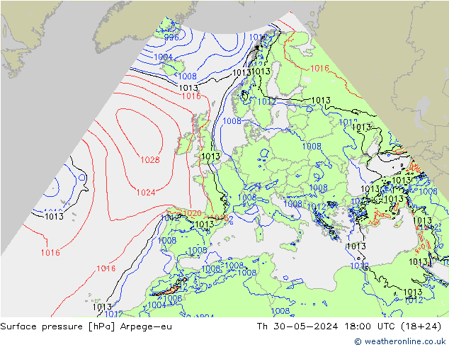 地面气压 Arpege-eu 星期四 30.05.2024 18 UTC