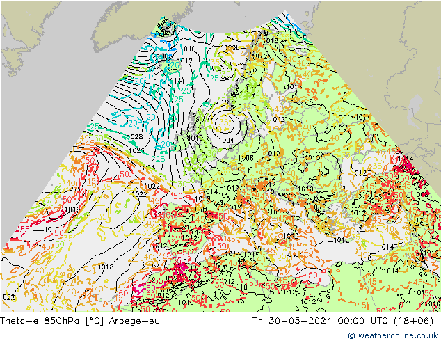 Theta-e 850hPa Arpege-eu Th 30.05.2024 00 UTC