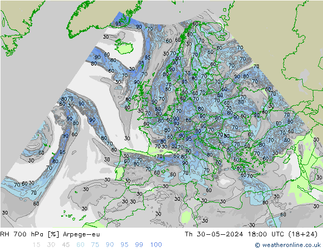 RH 700 hPa Arpege-eu gio 30.05.2024 18 UTC