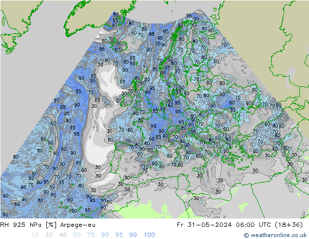 RH 925 hPa Arpege-eu Fr 31.05.2024 06 UTC