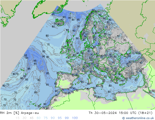 RH 2m Arpege-eu Th 30.05.2024 15 UTC