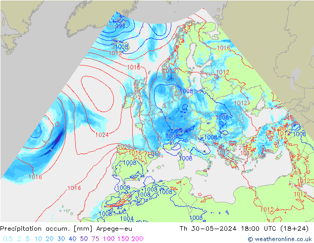Precipitation accum. Arpege-eu Th 30.05.2024 18 UTC