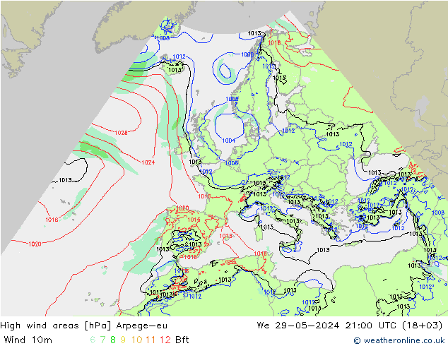 High wind areas Arpege-eu We 29.05.2024 21 UTC