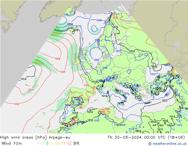 High wind areas Arpege-eu Th 30.05.2024 00 UTC