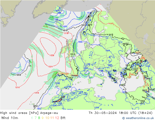 High wind areas Arpege-eu 星期四 30.05.2024 18 UTC