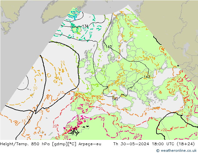 Geop./Temp. 850 hPa Arpege-eu jue 30.05.2024 18 UTC