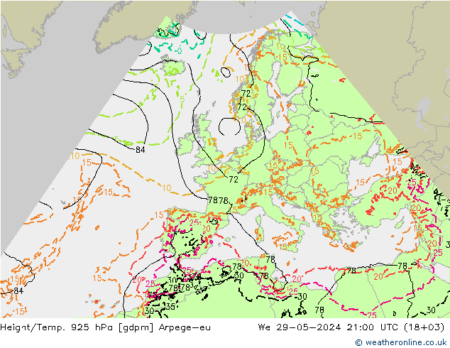 Height/Temp. 925 hPa Arpege-eu Mi 29.05.2024 21 UTC