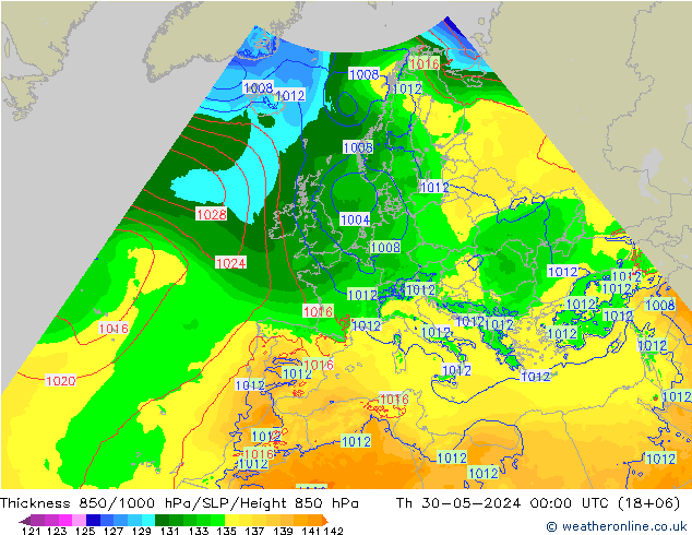 Thck 850-1000 hPa Arpege-eu Th 30.05.2024 00 UTC