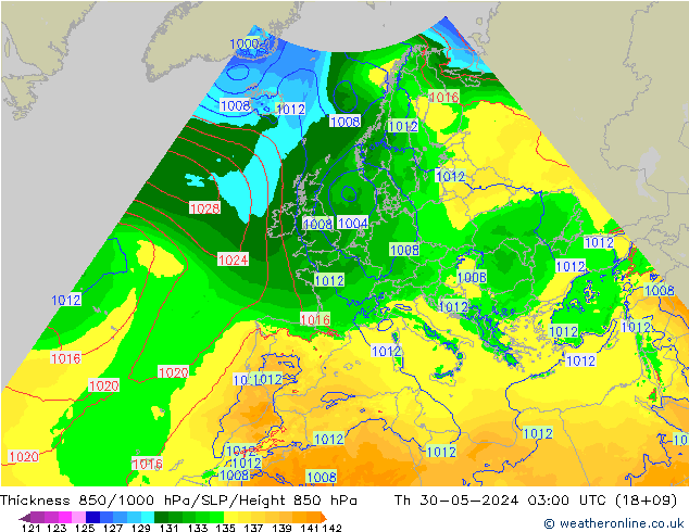 850-1000 hPa Kalınlığı Arpege-eu Per 30.05.2024 03 UTC