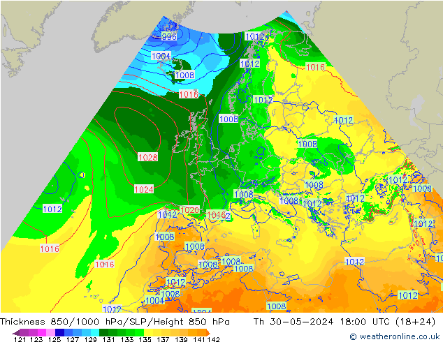 Thck 850-1000 hPa Arpege-eu Th 30.05.2024 18 UTC