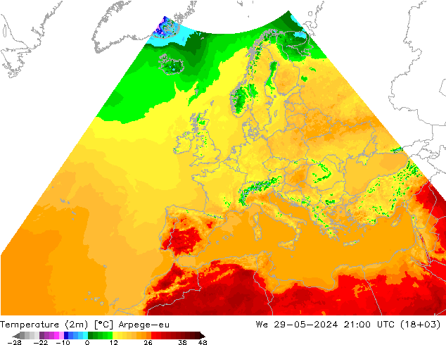 Temperatura (2m) Arpege-eu Qua 29.05.2024 21 UTC