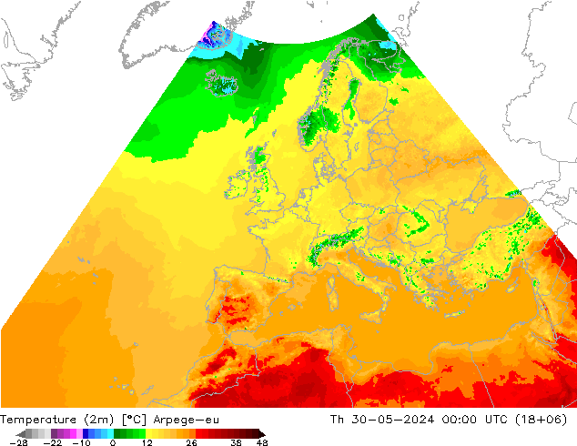 Temperaturkarte (2m) Arpege-eu Do 30.05.2024 00 UTC