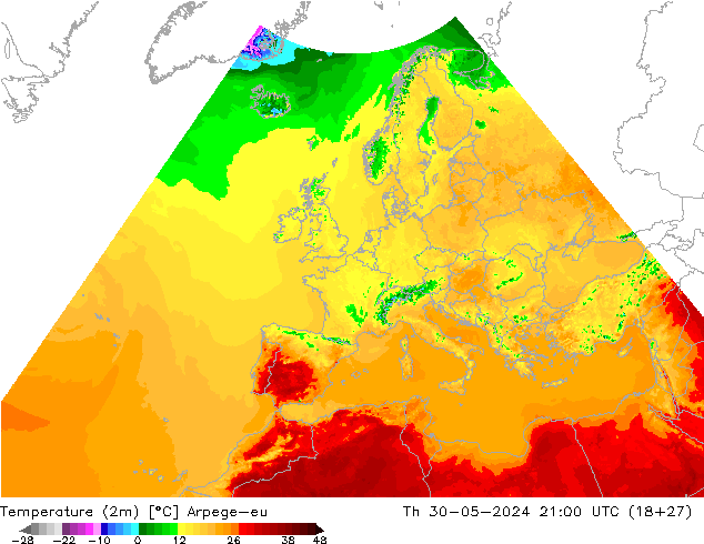 Temperature (2m) Arpege-eu Th 30.05.2024 21 UTC