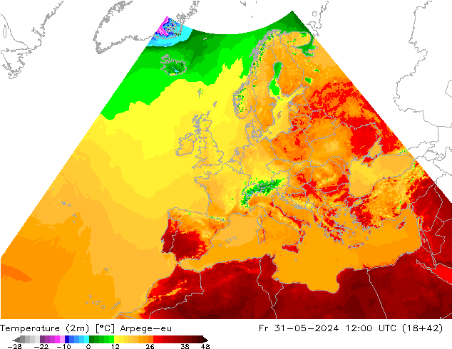Temperaturkarte (2m) Arpege-eu Fr 31.05.2024 12 UTC