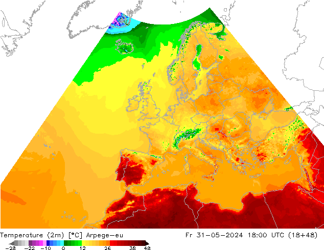 Temperaturkarte (2m) Arpege-eu Fr 31.05.2024 18 UTC