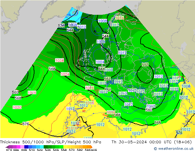 Thck 500-1000гПа Arpege-eu чт 30.05.2024 00 UTC