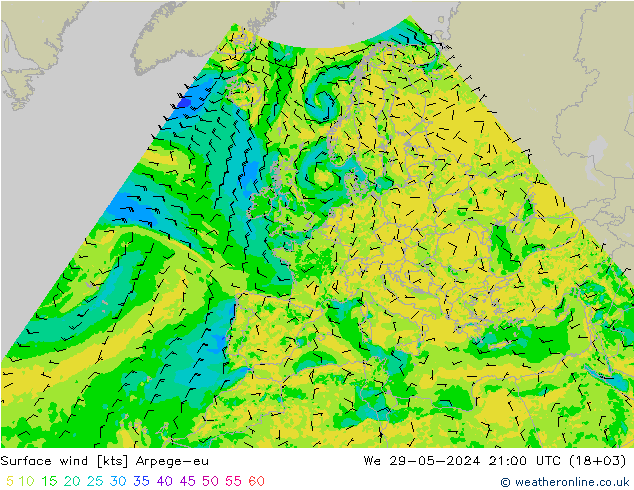 Vent 10 m Arpege-eu mer 29.05.2024 21 UTC