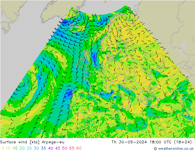 Surface wind Arpege-eu Th 30.05.2024 18 UTC