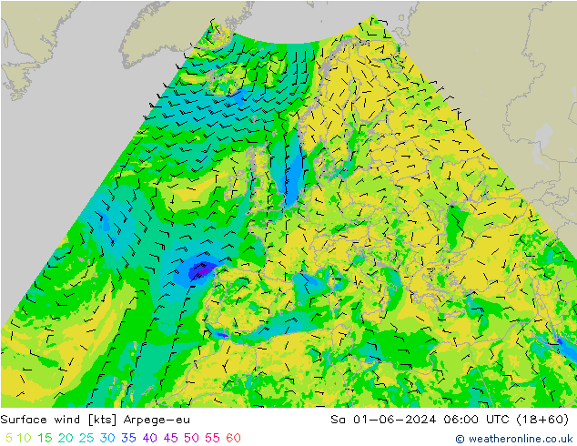 Surface wind Arpege-eu Sa 01.06.2024 06 UTC