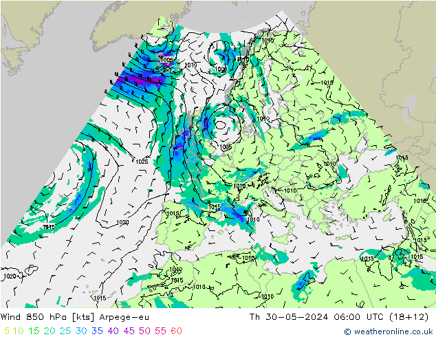 Wind 850 hPa Arpege-eu Th 30.05.2024 06 UTC