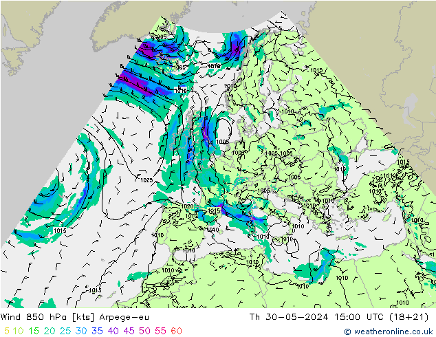 Wind 850 hPa Arpege-eu Th 30.05.2024 15 UTC