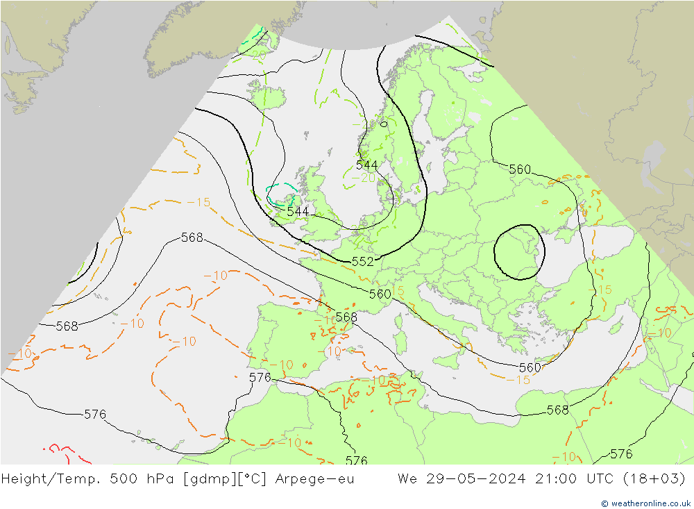 Height/Temp. 500 hPa Arpege-eu Mi 29.05.2024 21 UTC