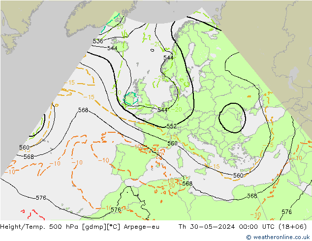 Height/Temp. 500 hPa Arpege-eu 星期四 30.05.2024 00 UTC